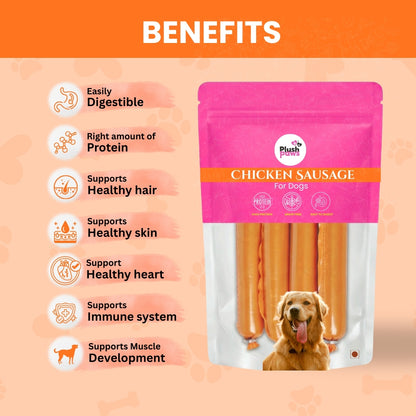 Plushpaws Dog Sausage Treats Chicken Sausages for Dogs | Protein-Rich, Soft & Tasty Training Snacks | with Taurine, Lysine & Vitamin C | Healthy Dog Treats